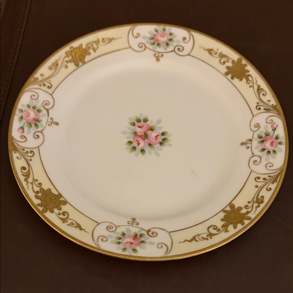 Nippon Antique hand painted gold encrusted pink roses salad plate 7.5”